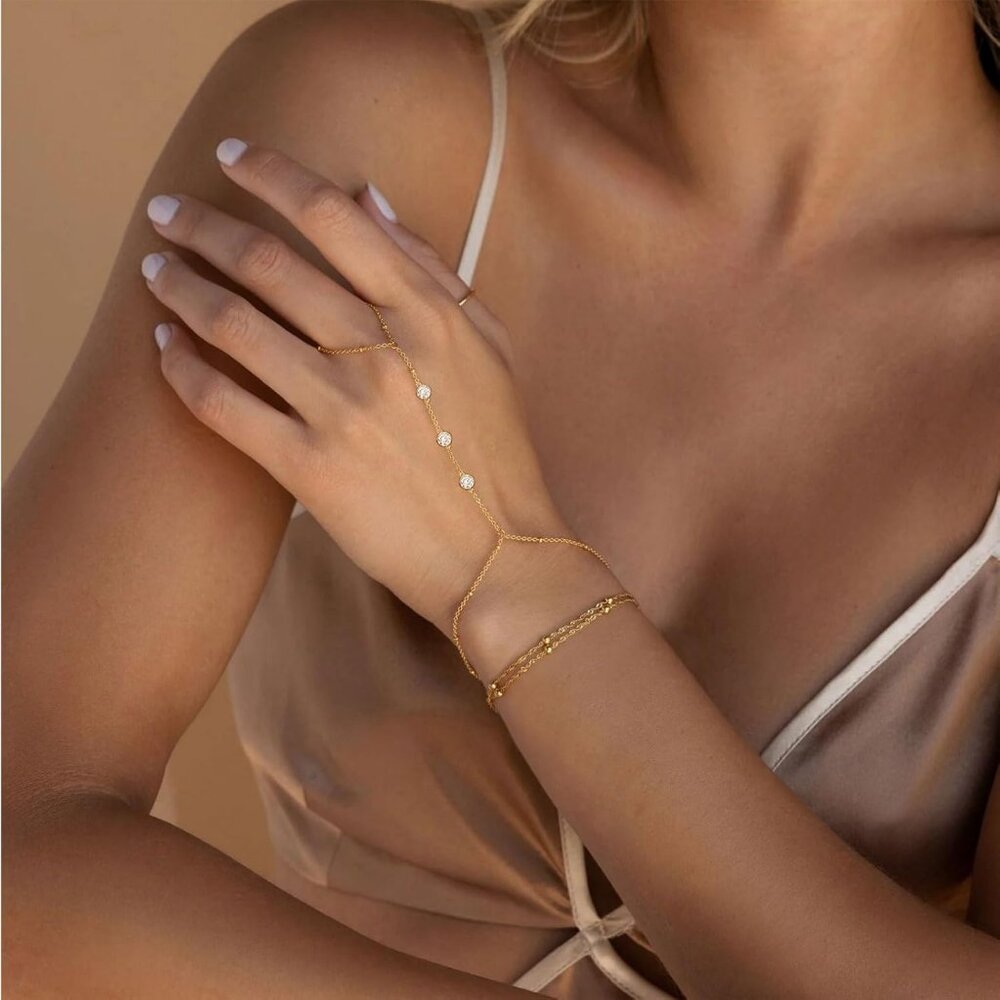 Hand Chain Bracelet Ring Hand Chain 2 PCS 14K Dainty Finger Jewelry - Picture 3 of 9
